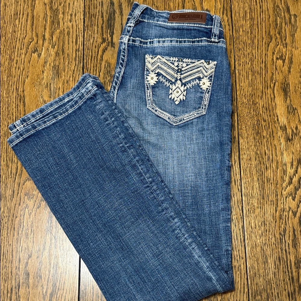 Rock and Roll Denim Bootcut woman’s jeans with embroidered pockets